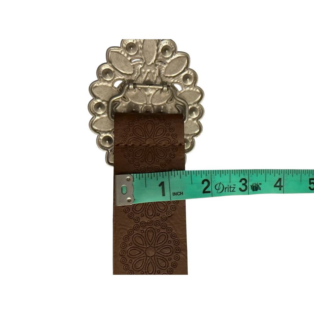 Western Belt Silver Bling Oval Buckle Brown Stamped Faux Leather Womens 33-35.5 - Picture 4 of 6